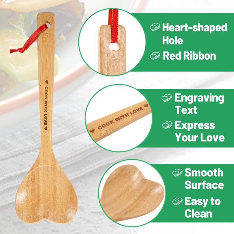 PAMASE Bamboo Heart Shaped Spoon for Cooking - Wooden Cook with Love Spoon Kitchen Utensils, Valentines Mother's Day Gifts for Grandma Mom Couple Wife Hostesses House Warming - Image 2